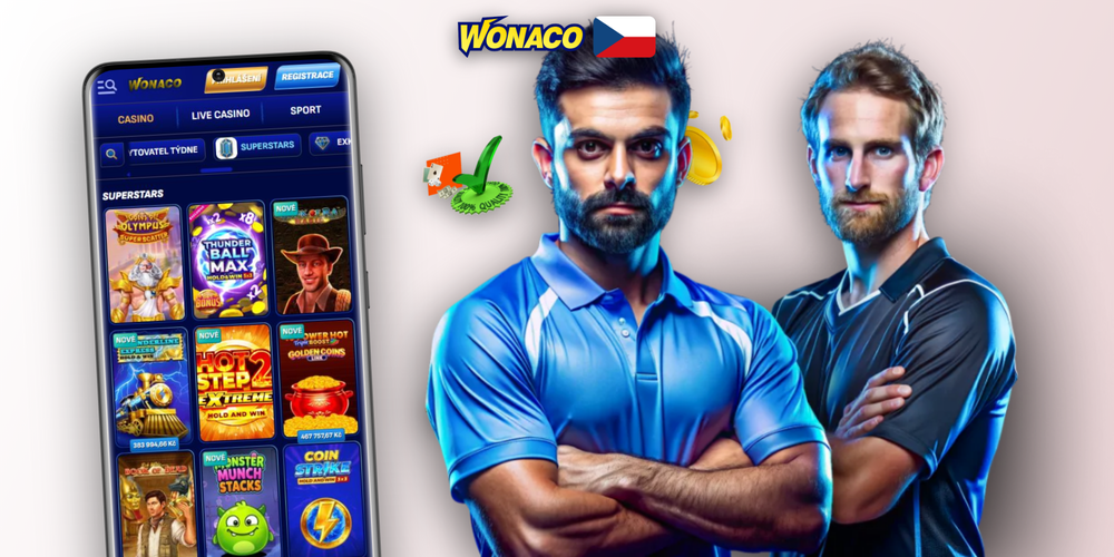 Tři obrazovky Wonaco Casino online app – sloty, živá ruleta a sportovní sázky