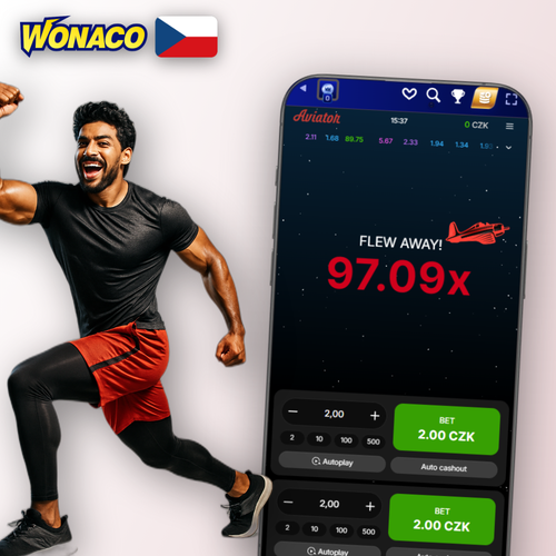 Wonaco Casino Aviator demo – červené letadlo stoupá na grafu s rostoucím multiplikátorem