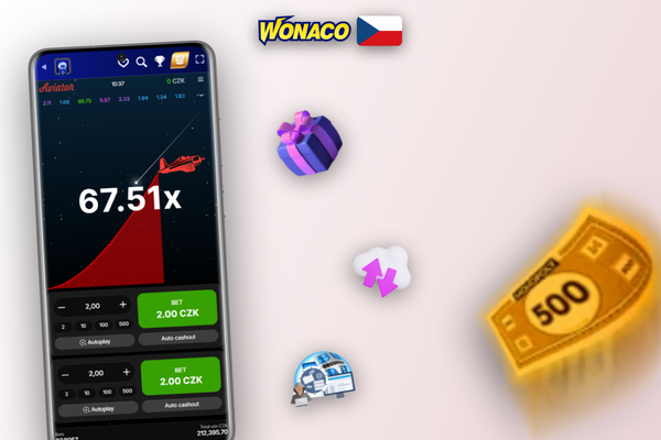 Wonaco Casino lobby s dlaždicí Aviator a tlačítkem pro spuštění demo verze zdarma