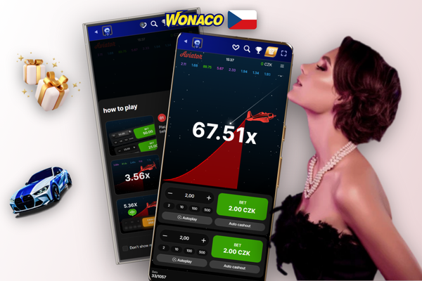 Rozhraní Aviatoru s živým chatem hráčů a jejich cashout hodnotami ve Wonaco Casino