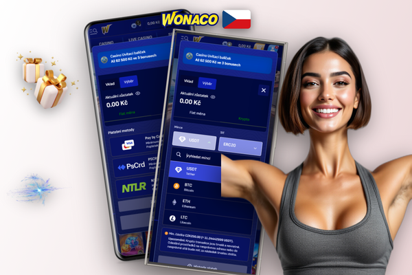 Formulář pokladny s minimálním vkladem 500 CZK a tlačítkem potvrdit ve Wonaco Casino