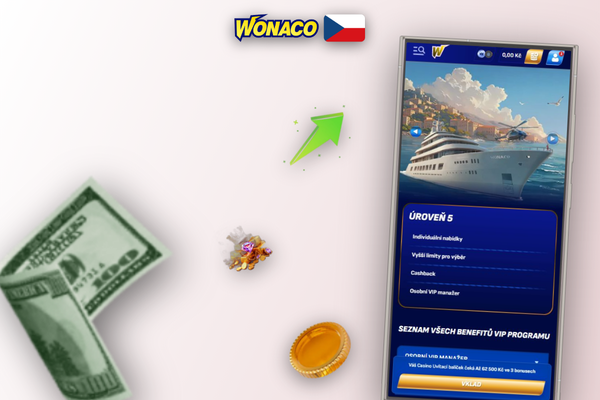 Kolekce promo kódů Wonaco Casino – karta CZWONA100 s bonusem 100 % v popředí