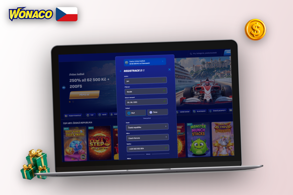 Registrační formulář Wonaco Casino s výběrem měny CZK a polem pro promo kód