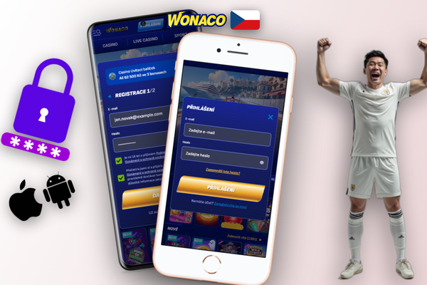 Wonaco Casino CZ registrace třemi způsoby – přehledný diagram e-mail, telefon a sociální sítě